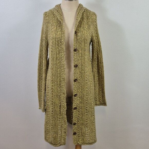 SUNDANCE Olive Loose Knit Mohair Cardigan Hoodie Long Length Petite Medium - Picture 1 of 11
